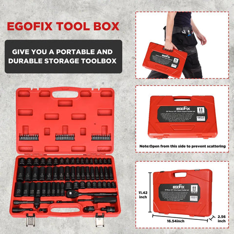 Red EgoFix tool box with 3/8 Inch Drive Impact Socket Set, 90 Piece Metric Socket Kit; includes case dimensions and carrying handle