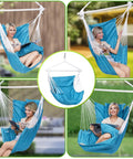 Cozy Outdoor Hanging Hammock Chair Swing With Cushions And All In One Hanging Kit for Indoor Or Outdoor Use displayed in blue color.