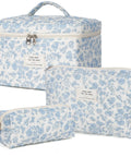 Floral Quilted Makeup Bag Set For Women Large Cotton Cosmetic Pouch Trio With Three Sizes Travel Toiletry Organizer Case
