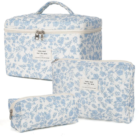 Floral Quilted Makeup Bag Set For Women Large Cotton Cosmetic Pouch Trio With Three Sizes Travel Toiletry Organizer Case