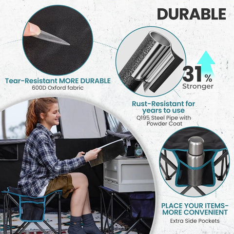 Oversized Padded Camping Stool For Adults, 18.1 Inch Wide Seat, featuring tear-resistant fabric, steel pipe frame, and side pockets.