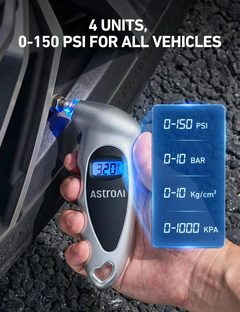 Front view of silver AstroAI digital tire pressure gauge with backlit LCD reading 32.0 psi, connected to a tire valve.