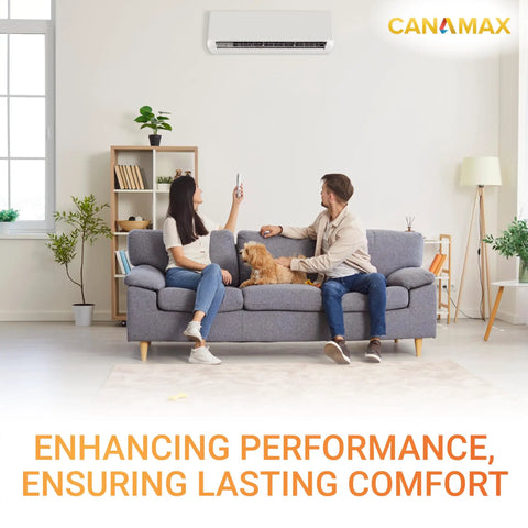 Couple sitting on sofa with dog in air-conditioned living room, CANAMAX air conditioner on wall