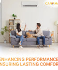 Couple sitting on couch with dog under wall-mounted air conditioner, enjoying comfort, "Enhancing Performance, Ensuring Lasting Comfort" text.
