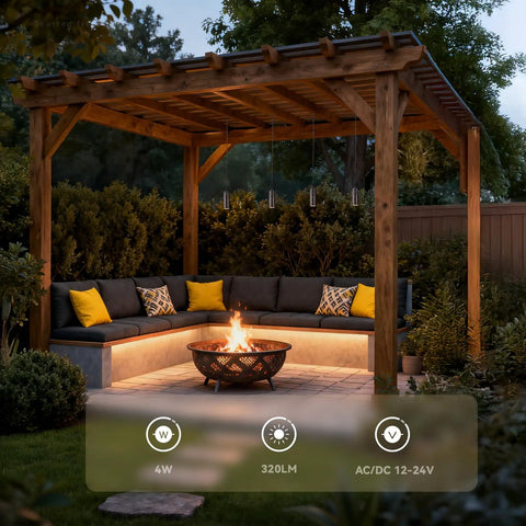 5CCT Low Voltage Outdoor Hanging Lights Set with starry sky lighting on a gazebo, showing LED lights under wooden pergola.