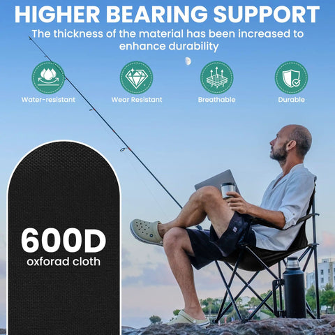 Man fishing on Two Pack Foldable Camping Chairs With Cup Holder 300Lb Capacity Lightweight, 600D Oxford fabric visible, outdoor use