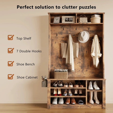 Entryway Hall Tree With Bench And Storage 3 In 1 Coat Rack And Shoe Storage 2 Tier Top Storage Rustic Brown with hooks and shelves