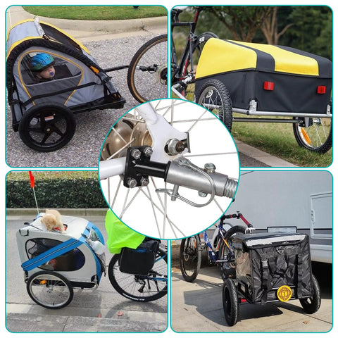 Universal Bike Trailer Hitch Coupler Attachment For Kids And Pets Gear shown with various trailers attached to bikes