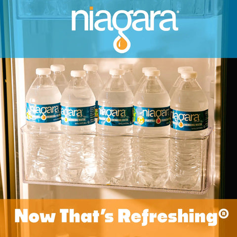 Purified Drinking Water Bulk Pallet Pack 1920 Bottles Of 16.9 Ounce Each In 48 Cases on fridge shelf, logo visible