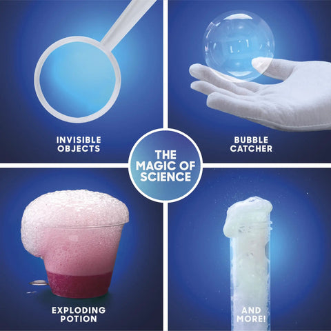 Magic Science Lab Kit With 72 STEM Experiments For Kids Reactions Illusions Crystals Slime And Light Tricks DIY Chemistry Project Kit Educational Learning Toy And Physics Activity Set For Ages 8 Plus in action with experiments like invisible objects and bubble catcher.