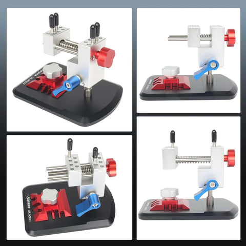 Universal Tabletop Vise Clamp For Hobbyists, Mini Workbench Vise With 360 Degree Rotation And 90 Degree Tilt, multifunctional tool, shown from various angles, including side and top views on a black base.
