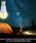 LED Smart Emergency Light Bulb With Rechargeable Battery Backup For 3 To 4 Hour Power Outages Perfect For Camping And Outdoor Use Handy Hook Four Pack illuminating a campsite at night.