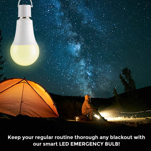 LED Smart Emergency Light Bulb With Rechargeable Battery Backup For 3 To 4 Hour Power Outages Perfect For Camping And Outdoor Use Handy Hook Four Pack illuminating a campsite at night.