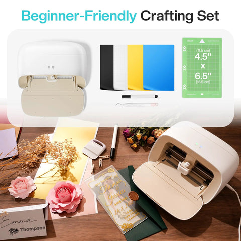 S501 Vinyl Cutter Machine Portable Plotter with crafting accessories, for DIY sticker making and vinyl crafts, on a wooden surface.