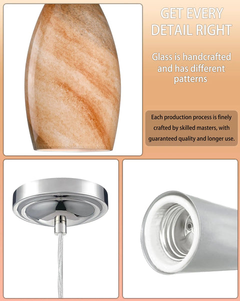 Three Pack Indoor Mini Pendant Lights For Kitchen Island In Polished Nickel With Hand Blown Orange Glass Shades 4.75 Inch