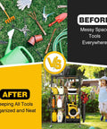 Before and after view of Beefy Garage Organizer With Wheels Large Capacity Garden Tool Storage Rack showing organized tools