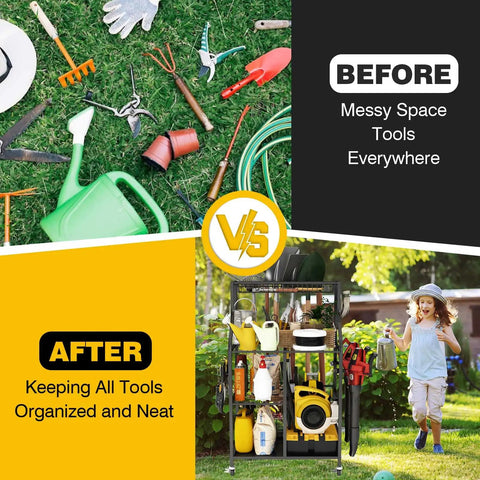 Before and after view of Beefy Garage Organizer With Wheels Large Capacity Garden Tool Storage Rack showing organized tools