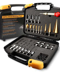 Front view of an opened black case containing a 34-piece woodworking drill bit set with countersinks, plug cutters, and step bits.