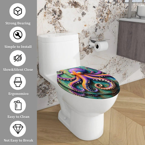 Octopus Toilet Seat Elongated Resin for Coastal Bathroom on modern toilet, featuring vibrant octopus artwork and ergonomic design.
