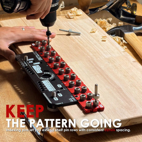 Hassle Free Cabinet Shelf Pin Jig Flips Between 5Mm And Quarter Inch Bits Lays Down Clean 32Mm Rows Fast, detailing shelf pin alignment using a drill.