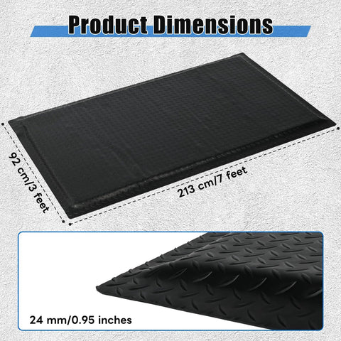 3 By 7 Foot Anti Fatigue Floor Mat Extra Thick One Inch For Machinist Shop Garage Standing Pad With Anti Static Rubber Top EPDM Foam Core And Conductive Bottom To Reduce Foot And Leg Fatigue Black, showing product dimensions and texture close-up.