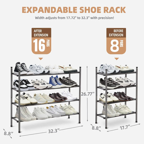 Expandable Four Tier Shoe Rack With Metal Construction Stackable And Adjustable From 17.7 To 32.3 Inches Holds Up To Sixteen Pairs
