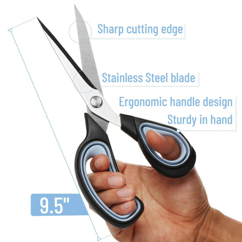 Hand holding Premium Tailor Scissors 9.5 Inch Heavy Duty Stainless Steel For Fabric, Sewing, Quilting And Alterations With Ergonomic Soft Grip Handle