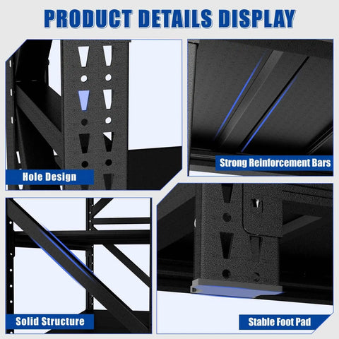 Rock Solid 69 Inch Black Metal Shelving Unit Heavy Duty Steel Rack With Tool Free Setup For Garage Warehouse Mega Storage Built Tough For The Daily Grind, showing hole design and strong reinforcement bars.