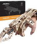Hands On 3D Wooden Mechanical Claw Model Kit For Adults And Teens ClawBot Puzzle With 190 Laser Cut Pieces, shown on hand