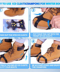 Winter Ice Cleats For Boots And Shoes With 10 Stainless Steel Spikes being fitted onto brown boots in 4 steps, showing use.