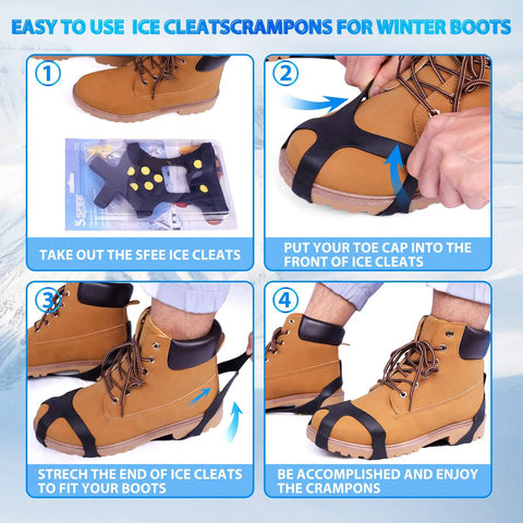 Winter Ice Cleats For Boots And Shoes With 10 Stainless Steel Spikes being fitted onto brown boots in 4 steps, showing use.