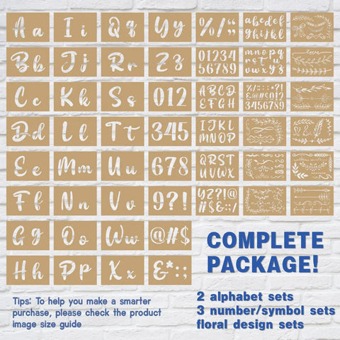 Go To Calligraphy Stencil Kit With 50 Pieces Large 4 Inch And Small 2 Inch Alphabet Stencils Numbers And Floral Designs Reusable Plastic Templates For Arts And Crafts Painting On Wood displayed on wall