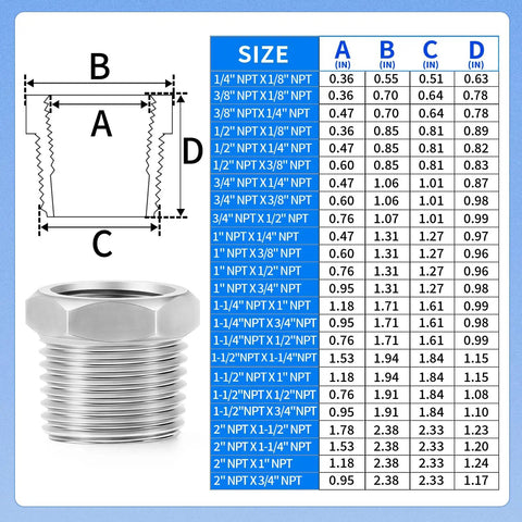 Stainless Steel Reducer Hex Bushing Fitting One Half Inch NPT Male To Three Eighths Inch NPT Female Adapter For Plumbing And DIY Heavy Duty Pro Grade Pipe Thread Connector 304 Stainless Corrosion Resistant 12 Pack size chart and threaded stainless reducer bushing