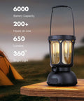 6000 Lumen LED Camping Lantern With Rechargeable Battery And Hand Crank Solar Power on wooden table outdoors