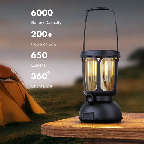 6000 Lumen LED Camping Lantern With Rechargeable Battery And Hand Crank Solar Power on wooden table outdoors
