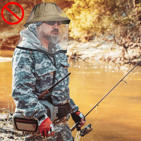 Man fishing wearing Two Pack Mosquito Head Net Mesh For Hiking And Outdoors Over Hat Keeps Skeeters And Bugs Out Of Your Eyes Nose Ears Face Neck And Shoulders