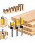 4 Piece Flush Trim Router Bit Set With Top Bearing Carbide Cutters for Template Routing, includes sizes 1/2, 3/4, and 1 inch.
