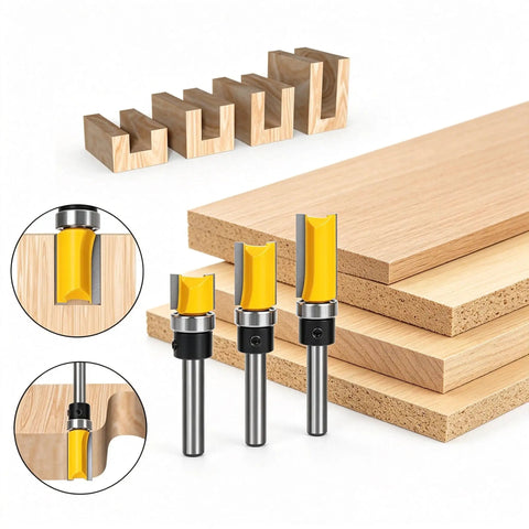 4 Piece Flush Trim Router Bit Set With Top Bearing Carbide Cutters for Template Routing, includes sizes 1/2, 3/4, and 1 inch.
