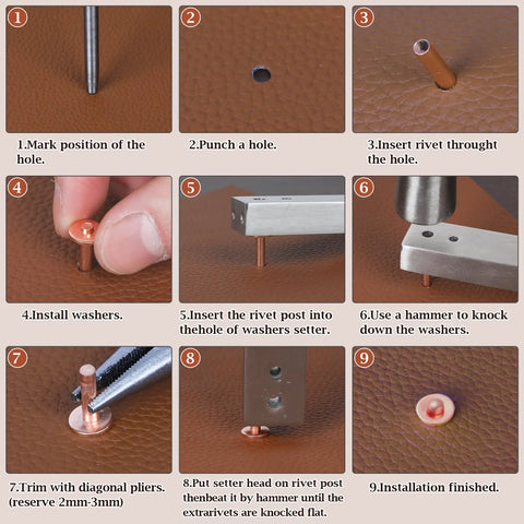 Step-by-step guide using Copper Leather Rivets Kit With Burrs, Setter Tool And Punches, 50 Sets Of Pro Grade Leather Fasteners