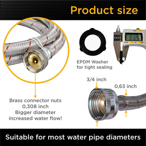 Ultra Wide 4 Ft Washing Machine Hose Set With Straight Connectors Three Quarter Inch NPT Fittings Stainless Steel PVC Build diagram