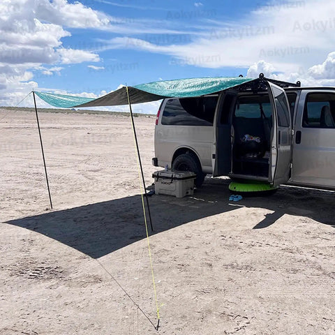 Van setup with tarp held by Adjustable Portable Tent Poles 74.8 Inches Beefy Rustproof Thickened Iron Stakes For Camping Hiking Van Awnings Beach Tents With Storage Bag 2 Pack Black