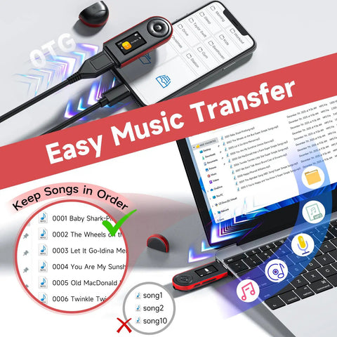 64GB USB MP3 Player With Bluetooth 5.3 Clip For Running And Sports demonstrates easy music transfer to a laptop.