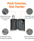 Amazon Basics 30-inch hardside spinner luggage, black, open view with compression straps, breathable mesh, zip pockets
