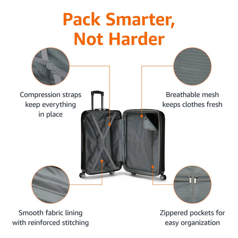 Amazon Basics 30-inch hardside spinner luggage, black, open view with compression straps, breathable mesh, zip pockets