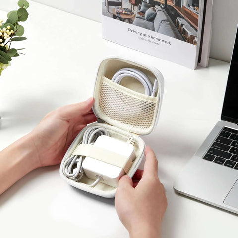 Portable Charger Case And Tech Pouch Travel Organizer Clutch Cable Bag In Clean White, open with charger and cables inside.