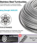 Close-up of 1/4 inch stainless steel wire rope with 7x19 strands showing details for Beefed Up Heavy Duty One Quarter Inch Wire Rope Kit With Fifty Foot Stainless Cable And All Mounting Hardware For Shade Sails Deck Rails Camping And Boats Fourteen Hundred Pounds Load Capacity Tension Cable Kit.