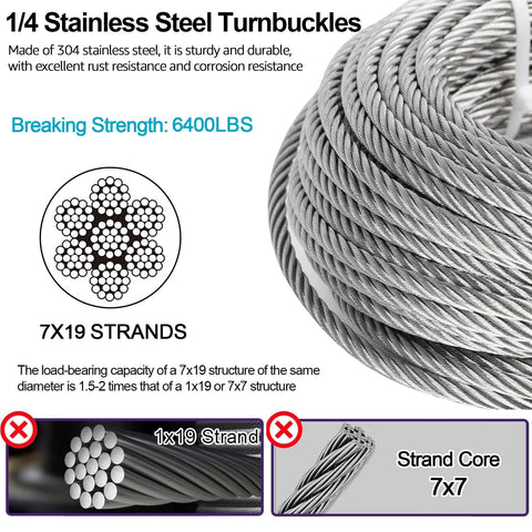 Close-up of 1/4 inch stainless steel wire rope with 7x19 strands showing details for Beefed Up Heavy Duty One Quarter Inch Wire Rope Kit With Fifty Foot Stainless Cable And All Mounting Hardware For Shade Sails Deck Rails Camping And Boats Fourteen Hundred Pounds Load Capacity Tension Cable Kit.