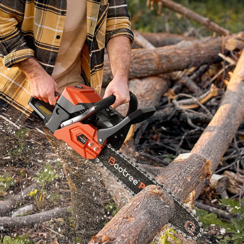 Man using Pro Grade 62cc Gas Chainsaw 20 Inch With 2 Cycle Engine Anti Vibration Quick Start Technology For Tree Cutting