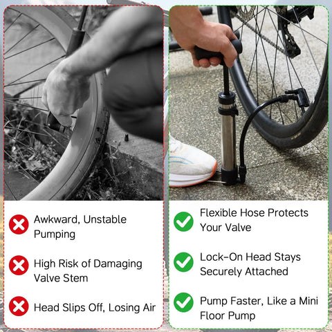 All In One Bike Repair Kit With Waterproof Hard Shell Case Ride Ready Pump Patch Kit And Multi Tool For Road And Mountain Bikes Emergency Roadside Maintenance Essentials showing pump comparison on bike wheel