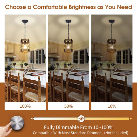 Dimmable Rustic Pendant Light Fixtures For Farmhouse Kitchen showing brightness levels, wood hanging lighting with industrial round cage.